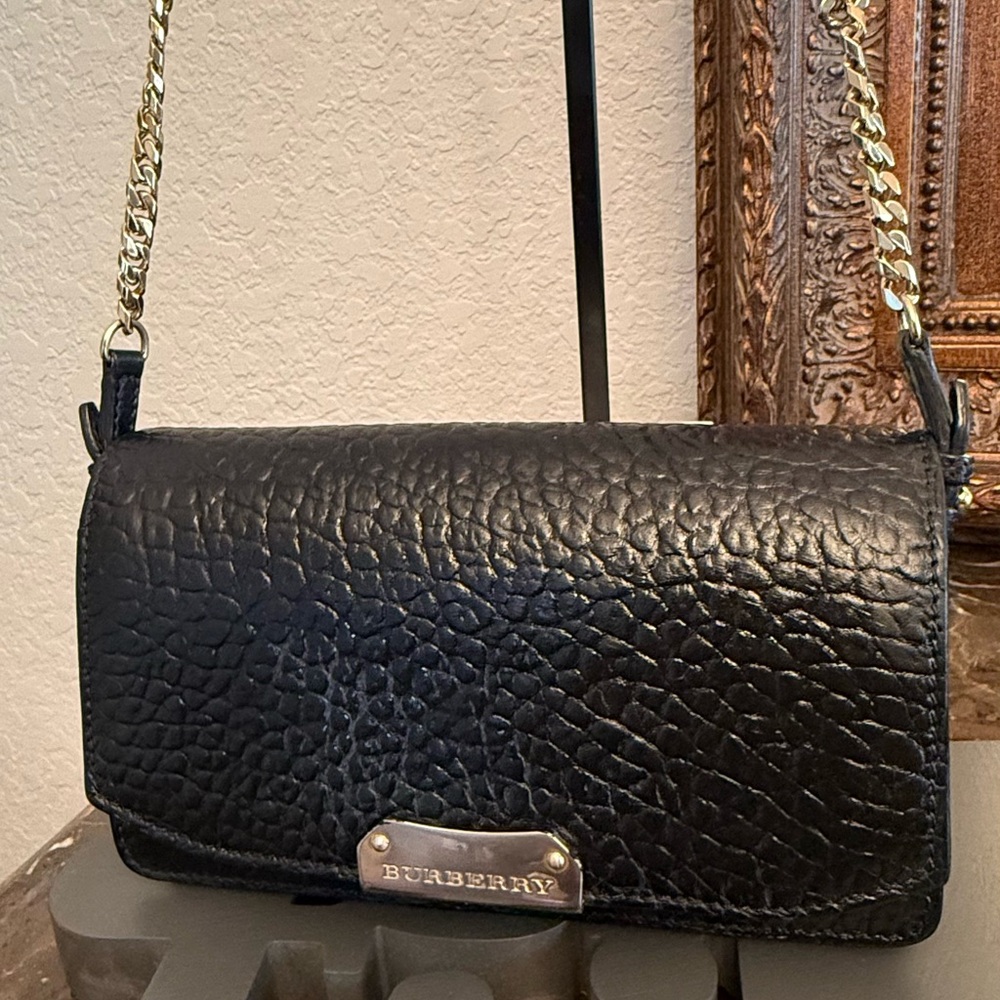 Authentic Burberry Black Grained Calfskin Leather Crossbody Purse Made In Italy